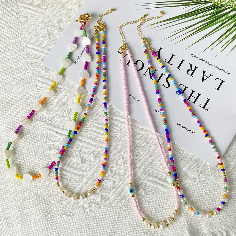 

KKBEAD Colorful Beaded Necklace Natural Freshwater Pearl Necklaces for Women Collar Shell Star Evil Eye Choker Boho Jewelry