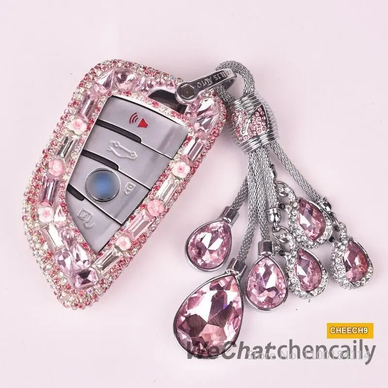 

Pink Diamond Car 3 Button Key Case Cover Holder Keychain For BMW X1 X2 X3 X5