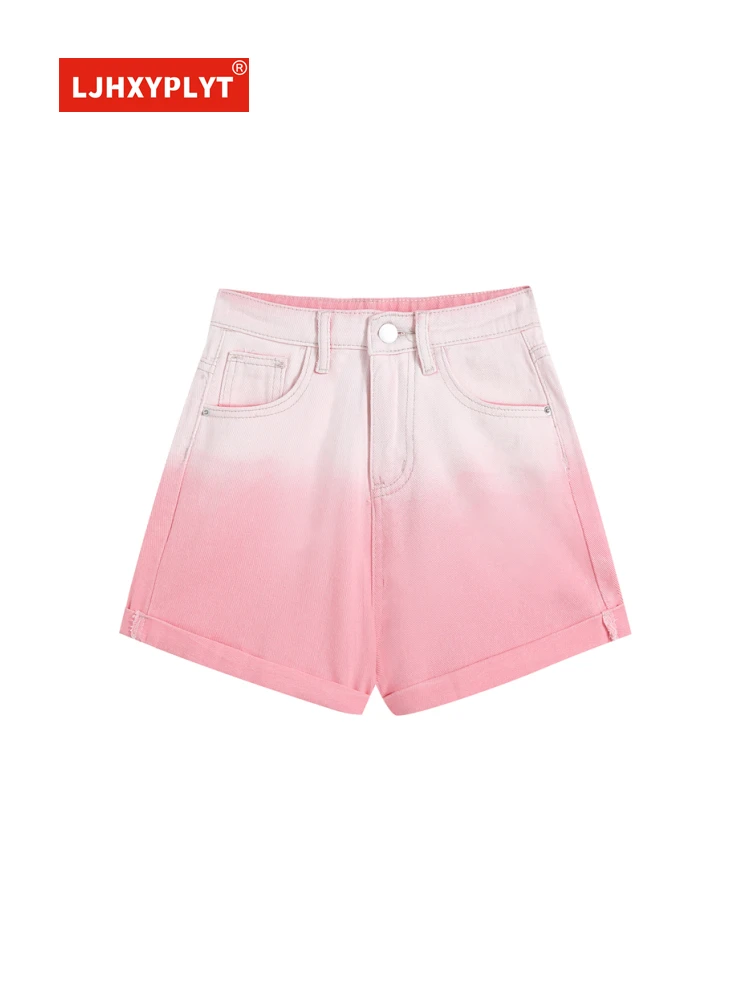 Pink Gradient Denim Shorts Women's Summer New Simple Style Thin High-waisted Straight-leg Loose Wide-leg Jeans Hot Pants Female