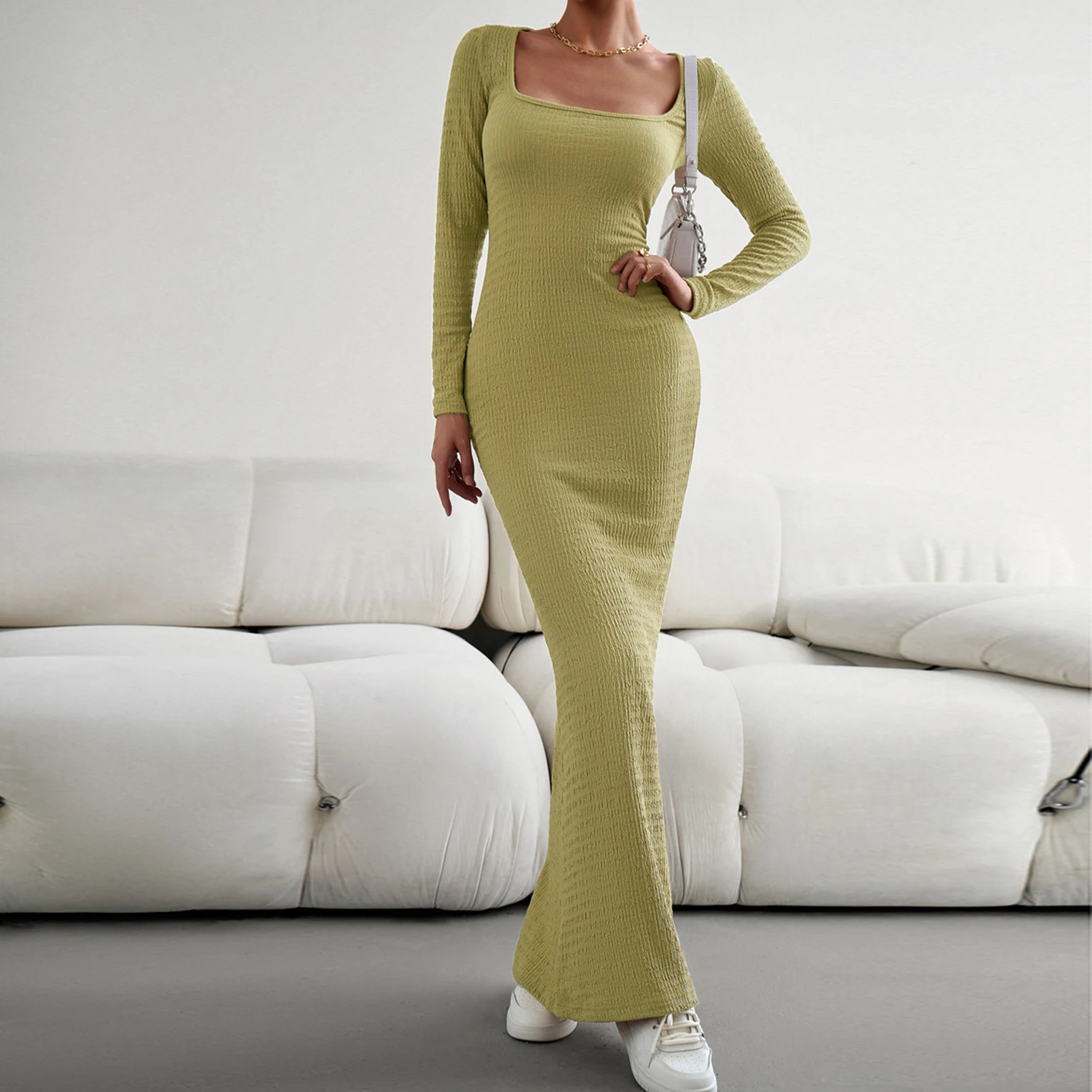 

Женское платье с длинным рукавом, однотонное облегающее платье, приталенная туника, макси-платье с квадратным вырезом, повседневный сексуальный стиль, наряд для отпуска