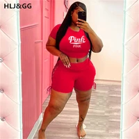 hljgg summer short sleeve crop top shorts drawstring twopiece set women pink letter print tracksuit casual shorts 2pcs outfits