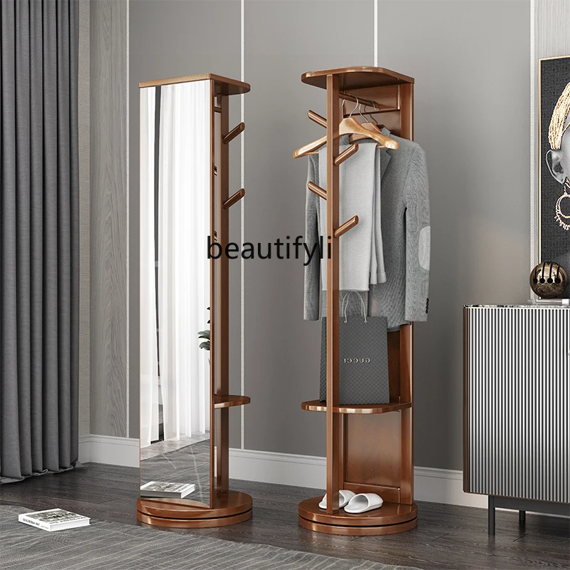 

LBX Rotatable Solid Wood Hanger Floor Bedroom Integrated Household Minimalist Coat Rack Multifunctional Full-Length Mirror