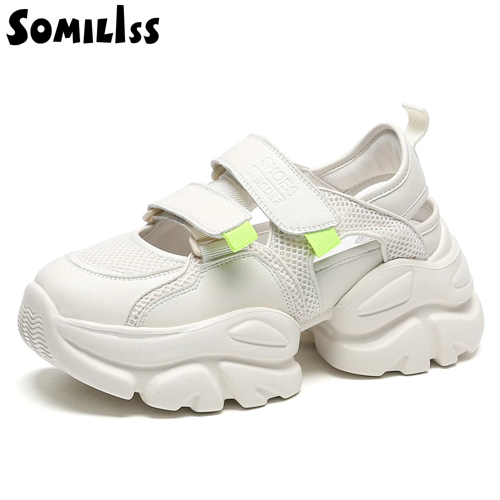 SOMILISS Women Sports Platform Sandals Genuine Leather Mesh Pachwork Outdoor Sandals Hiking Athletic Beach Summer Pool Shoes