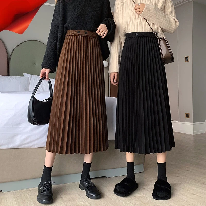 

Spring Chiffon Harajuku High-waisted Pleated Skirts Women Ladies Long Woolen Loose Black A-line Skirts Korean Fashion Clothing