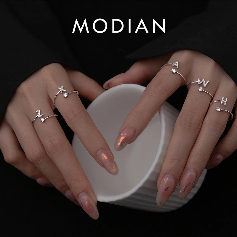 

Modian 925 Sterling Silver Simple Adjustable 26 English Letters Stackable Finger Ring Fashion Shiny CZ Fine Jewelry For Women