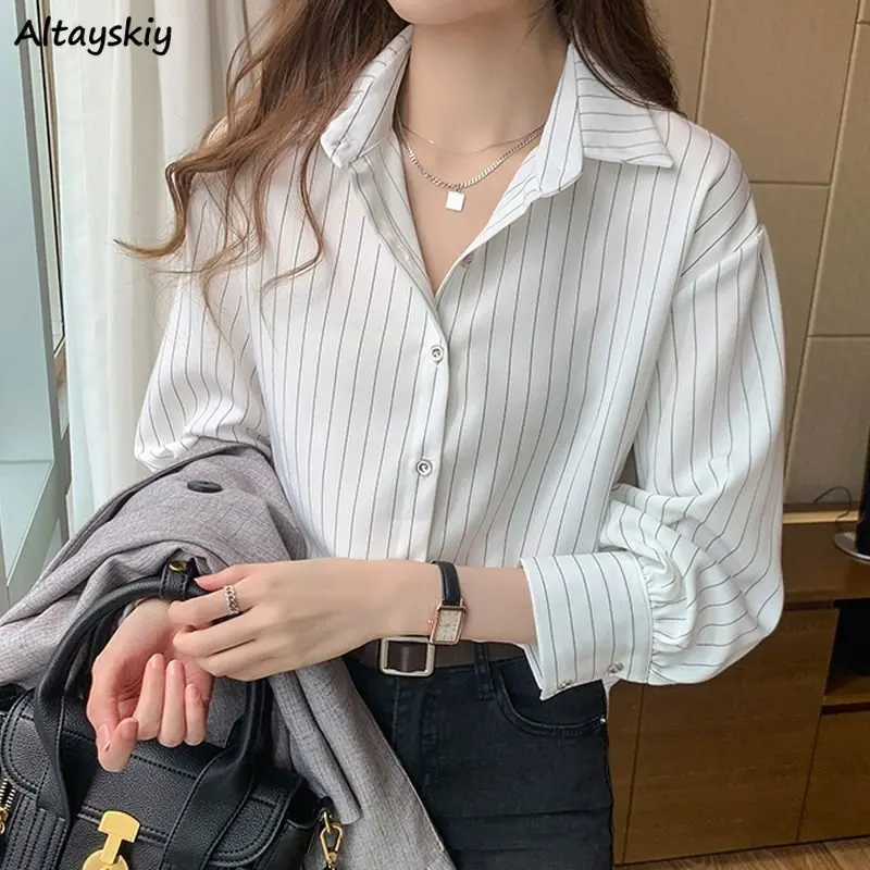 

Shirts Women Striped Minimalist Tender Office-look Elegant Ladies Autumn Inside Leisure Korean Version Hot Sale Ins Blusas Daily