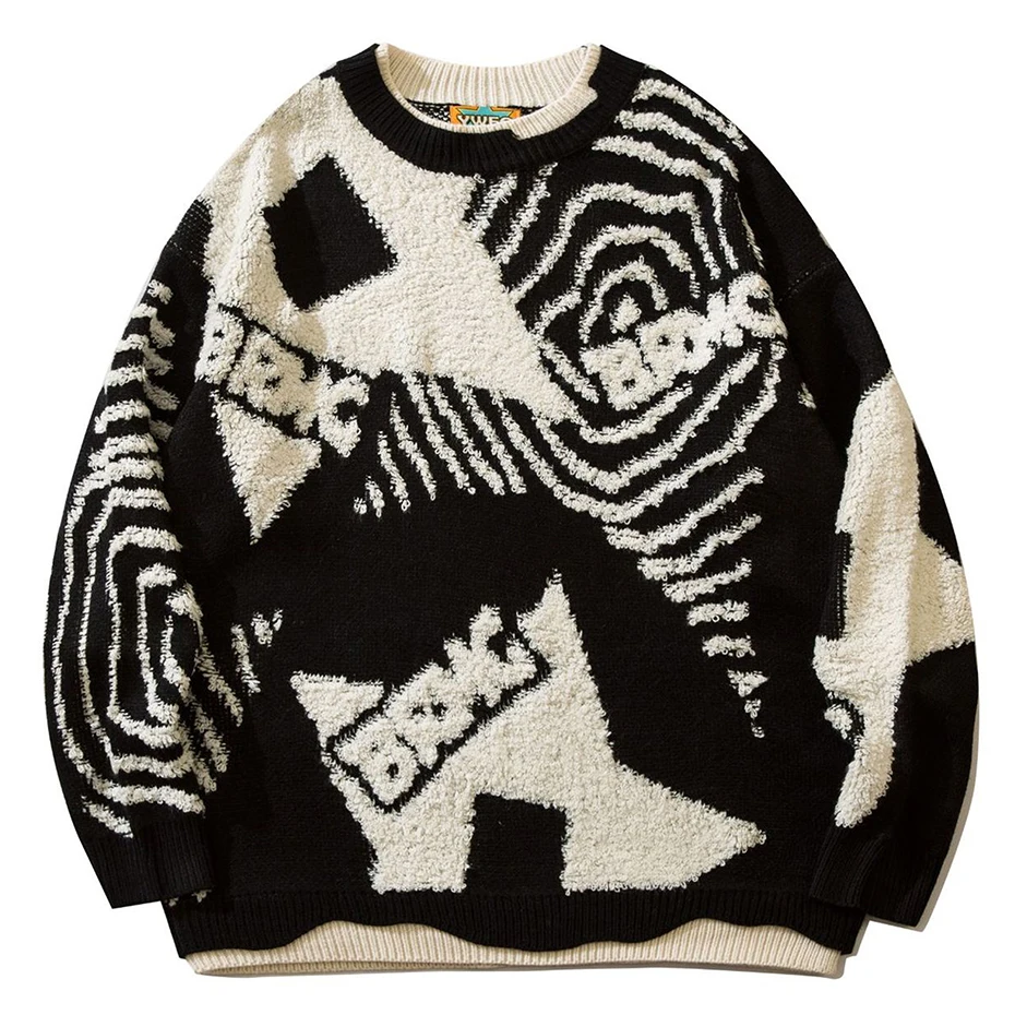 

Hip Hop Winter Sweaters Geometry Pattern Loose Casual Knitted Jumper Men Streetwear Harajuku Sweater