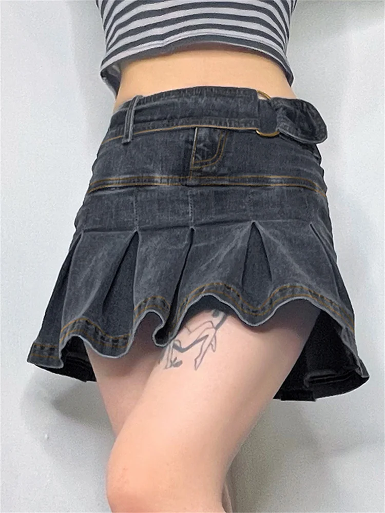 

hirigin 90s Vintage Black Denim Pleated Skirts with Sashes Fashion Kawaii Jeans Mini Skirts Y2K Fairycore Grunge Women Clubwear