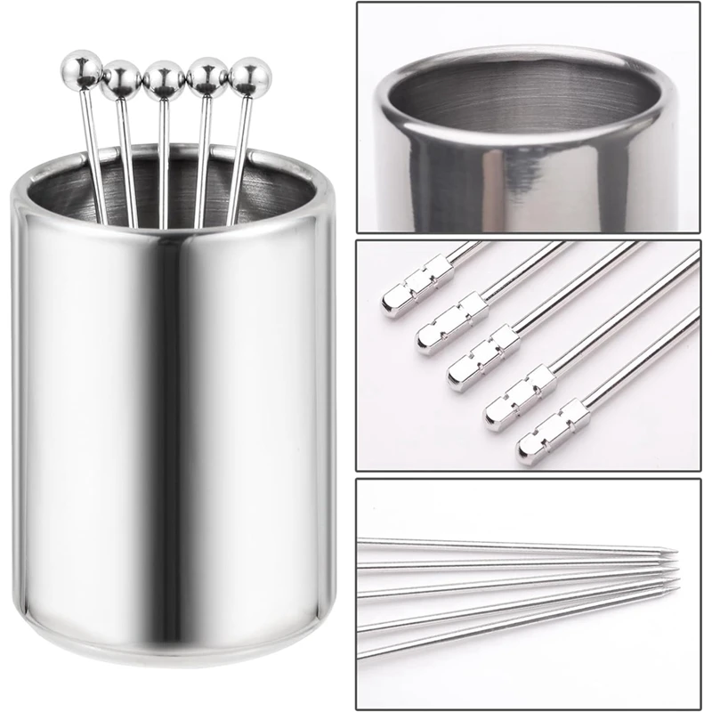 Металлический Набор для коктейлей 4 3 дюйма 20 упаковок + держатель 304 зубочистки из