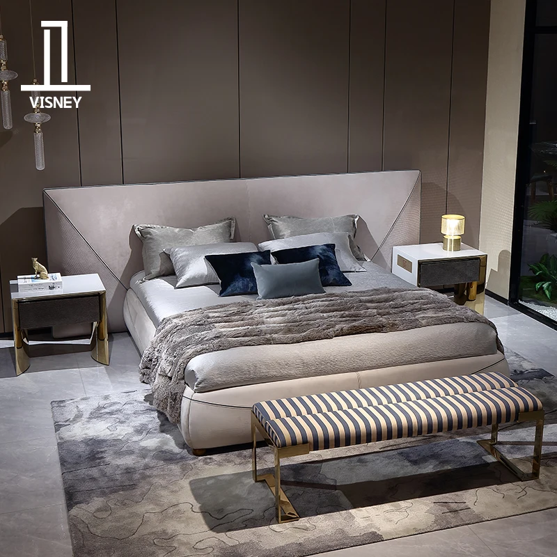 

Italian style high luxury frosted leather double bed modern light luxury master bedroom large bed high-end furniture new product