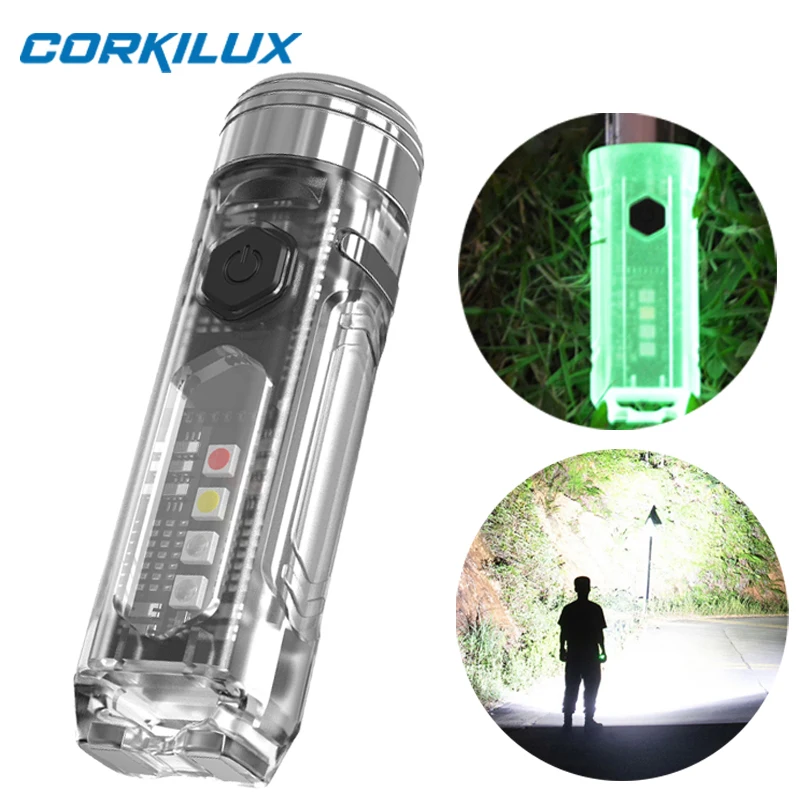CORKILUX Fluorescent Keychain Light USB C Rechargeable EDC Mini UV Led Flashlight Magnetic Emergency Work Light Color Side Torch