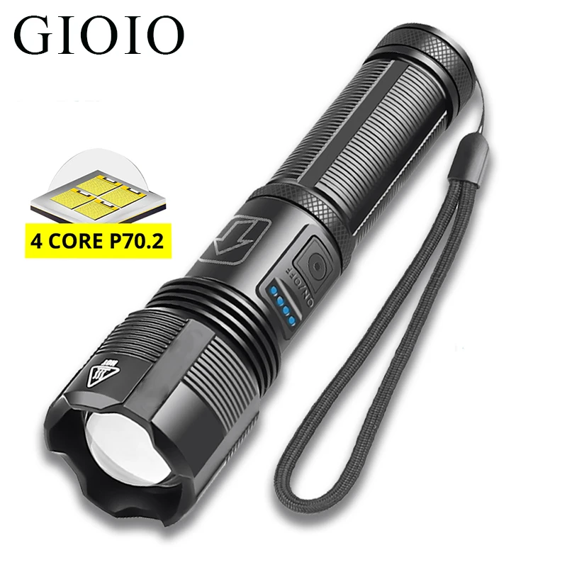 LED Flashlight Rechargeable Super Bright 4 Core P50/P70 Display 5 Lighting Modes for Adventure, Hiking, Camping, Hunting Light