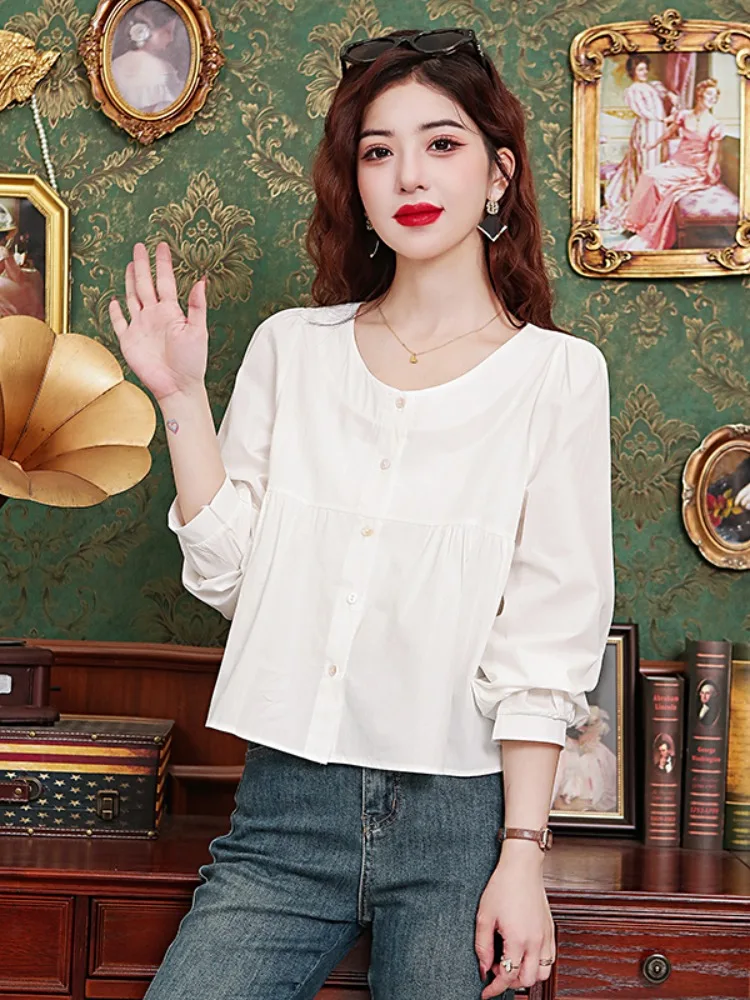 Рубашка женская шифоновая с длинным рукавом и круглым вырезом