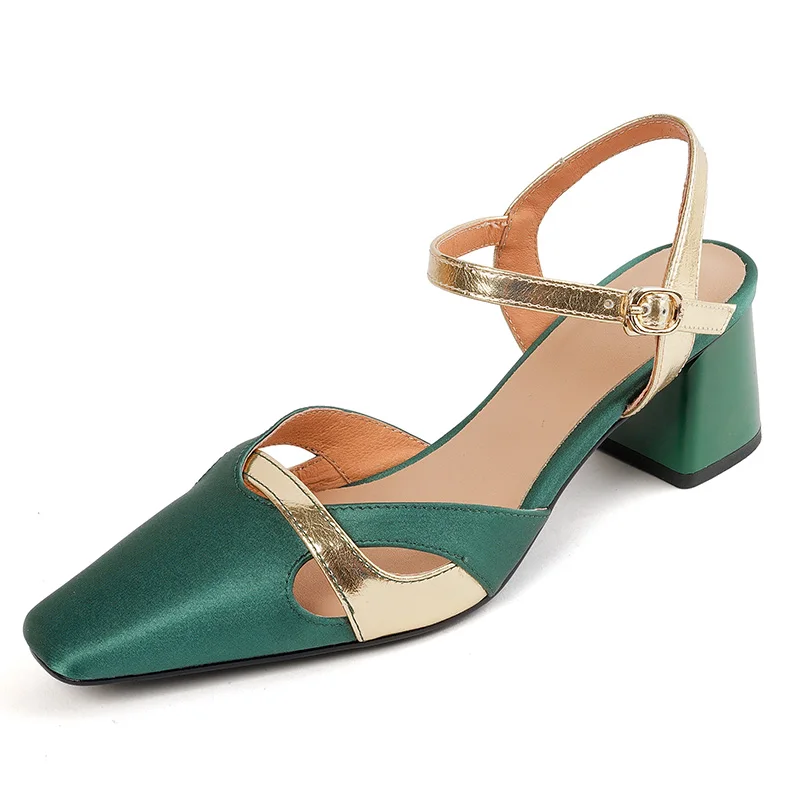 

Silk Cloth 5.5cm High Heeled Slingbacks Sandals Summer Ankle Strap Sandal Green Black Ladies Closed Toe Chunky Heel Party Shoes