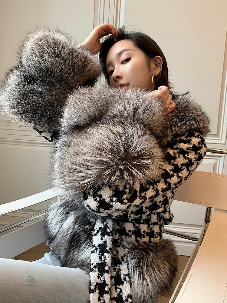 

brand genuine Luxury 2023 Wool&Blends Winter Jacket Women Belt Coat Natural Real Fox Fur Collar Black White Plaid Thick Warm Str