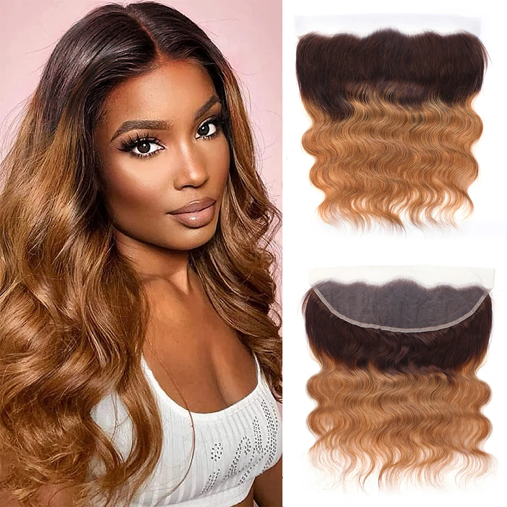Ear to Ear Lace Frontal Closure 13X4 Free Part With Baby Hair Brown Ombre Pre Plucked Brazilian Body Wave Human Hair Remy