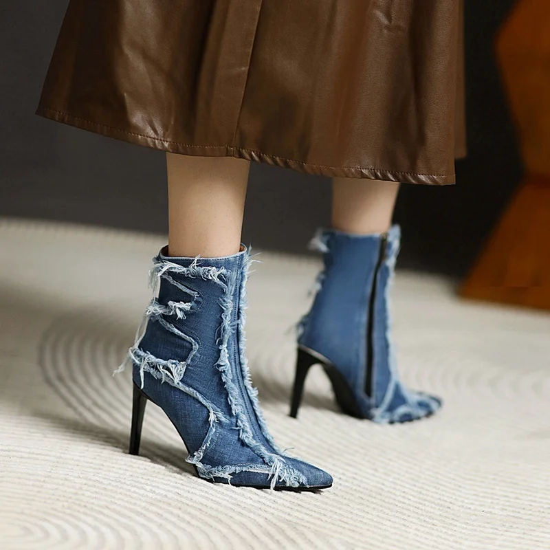 European pop street lady denim summer ankle boots for women sexy lady pointed toe zipper riding boots high heels women pumps