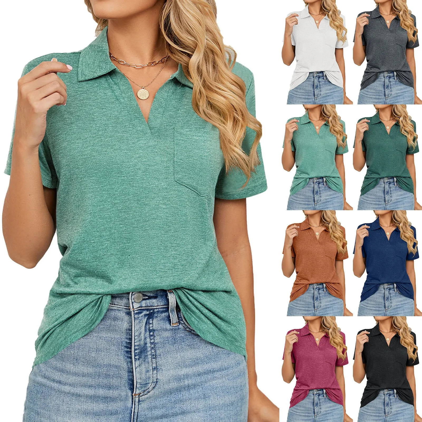 

2023 Summer Lapel V Neck Short Sleeve Solid T Shirt Basic Pullover Pocket Tee
