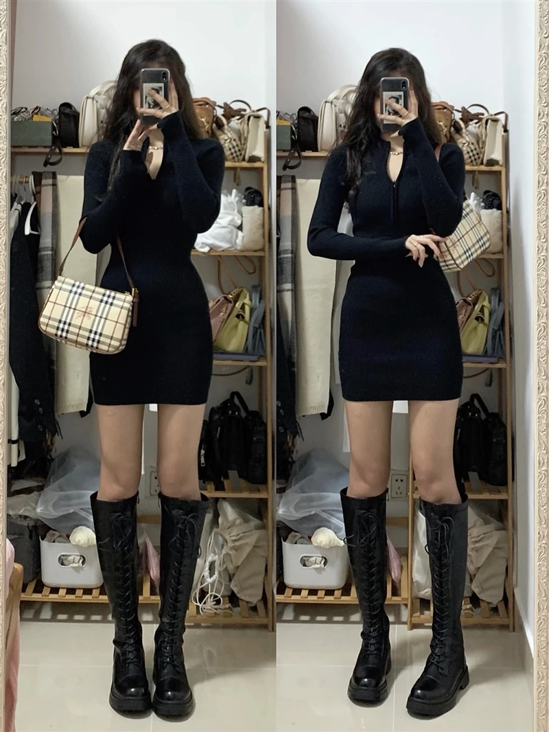 Трикотажное платье с французским вырезом женское осенне-зимнее базовое