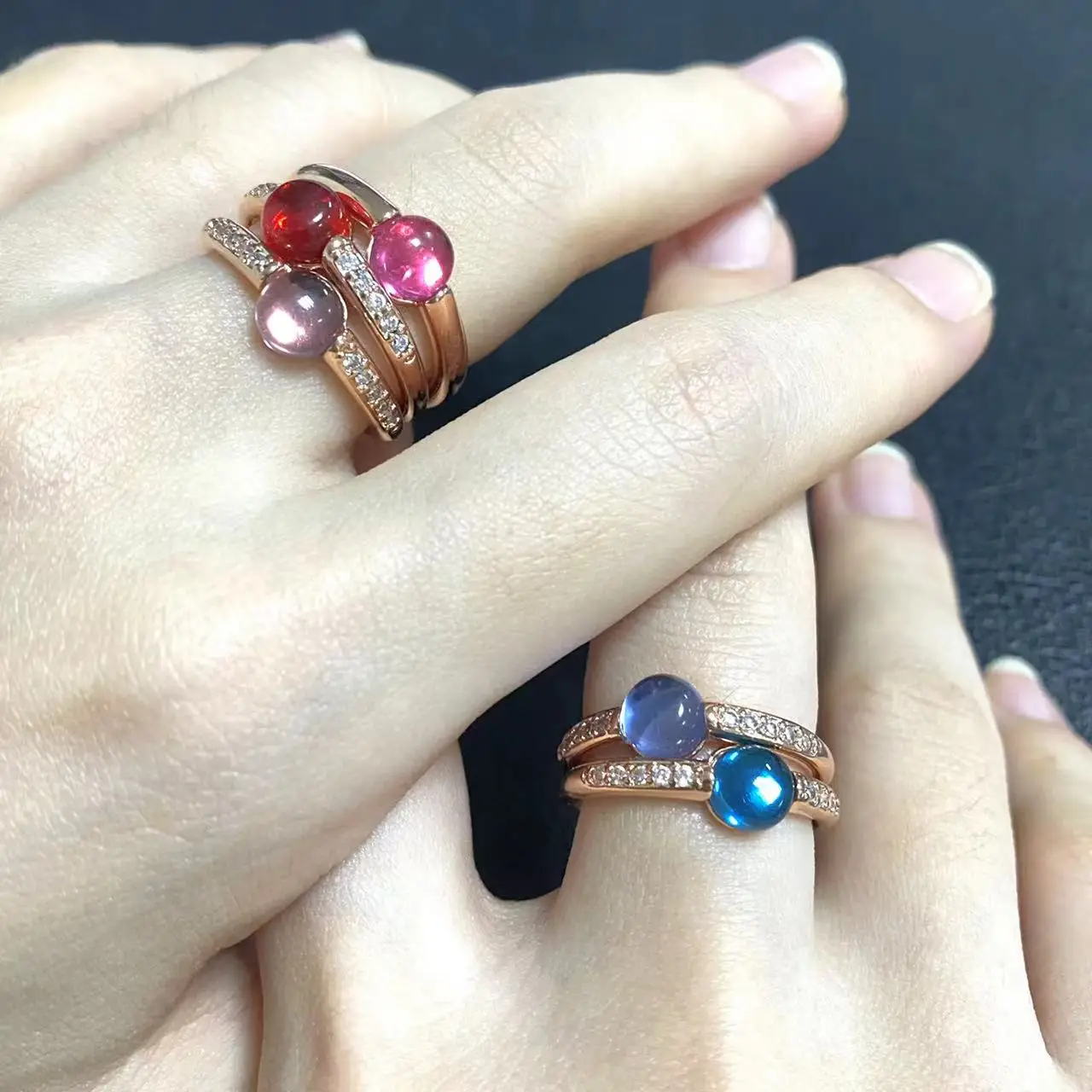 

3Pcs/Set Pomellato Ring Set Stacking Mix Color Candy Crystal Ring Inlay Zircon Rose Gold Plated Amethyst Blue Topaz Round Ring