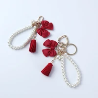 vintage red bow car keychain ins cute girl heart fashion tassel keychain ring bag airpods pendant phone charm girlfriends gift