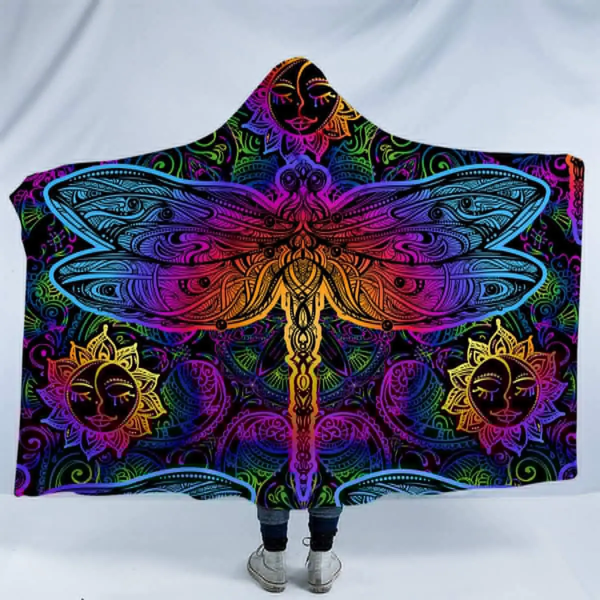 

Dragonfly Hooded Blanket Bohemian Hippie Indian Sun Paisley Mandala Colorful Sherpa Fleece Wearable Throw Blanket Purple Pink