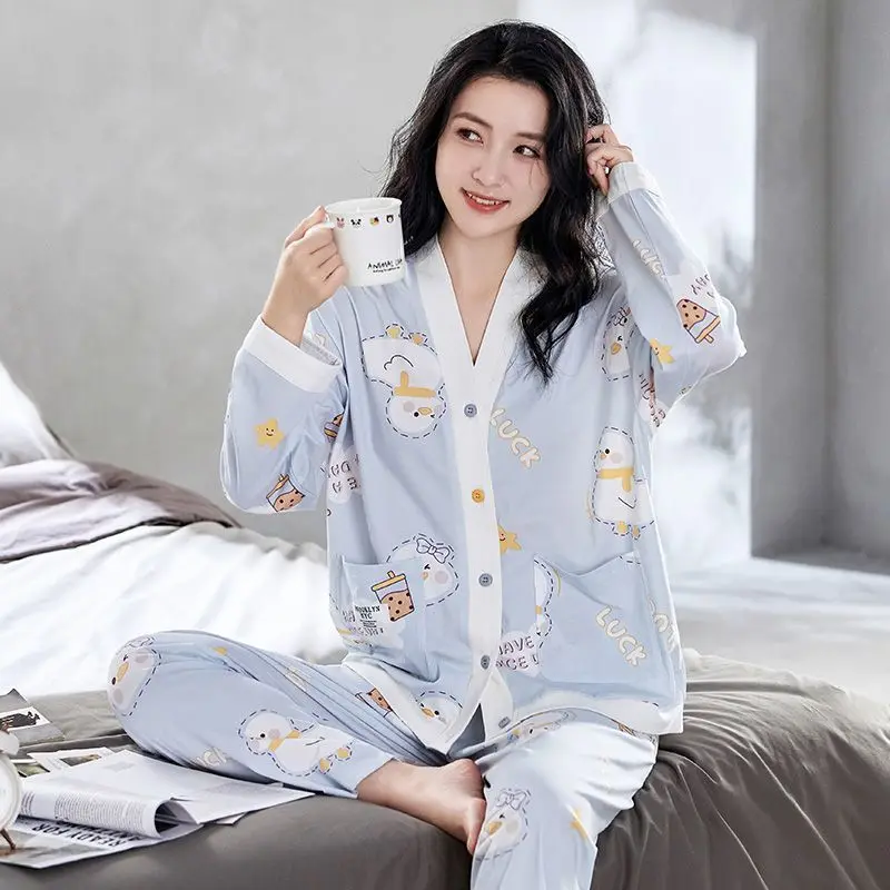 Lightweight Cotton Women Pajama Sets Open Front Night Wears for Women In Spring and Autumn Comfortable Loose Fit Loungewear Suit