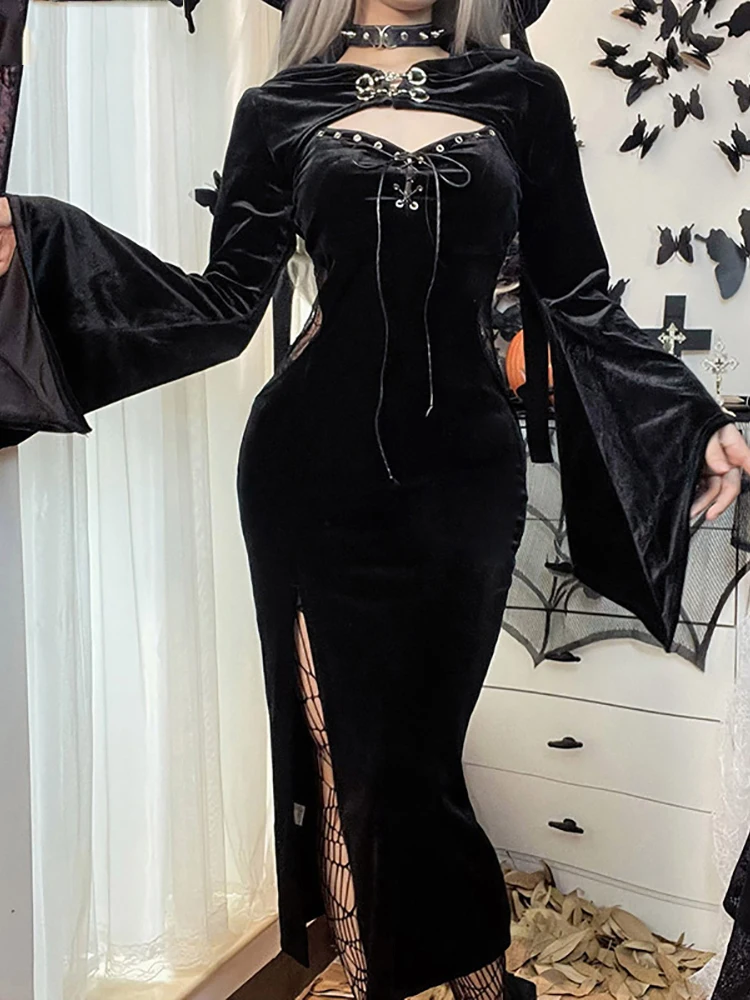 

Gothic Bandage Elegant Women High Split Dresses Lace Side Transprent Grunge Midi Dress Harajuku Flare Sleeve Alt Crop Shrug Tops