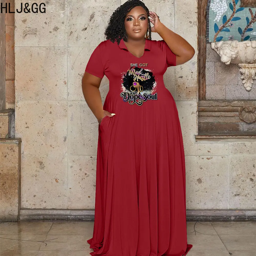 HLJ&GG Casual Plus Size Pattern Printing Floor Dresses Women Turndown Collar Short Sleeve A-line Robe Vestidos Female Dress 5XL