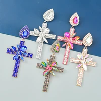 new trend cross flower rhinestone drop earrings women exaggerated shiny dangle earrings banquet wedding jewelry accessories