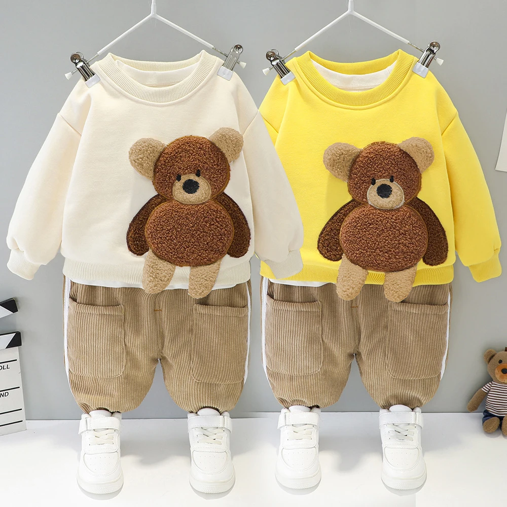 

Cartoon Bear Sweater Baby Boy Clothes Autumn Toddler Winter Childrens Suit Plus Velvet Warm Corduroy Slacks Baby Two-piece Suit