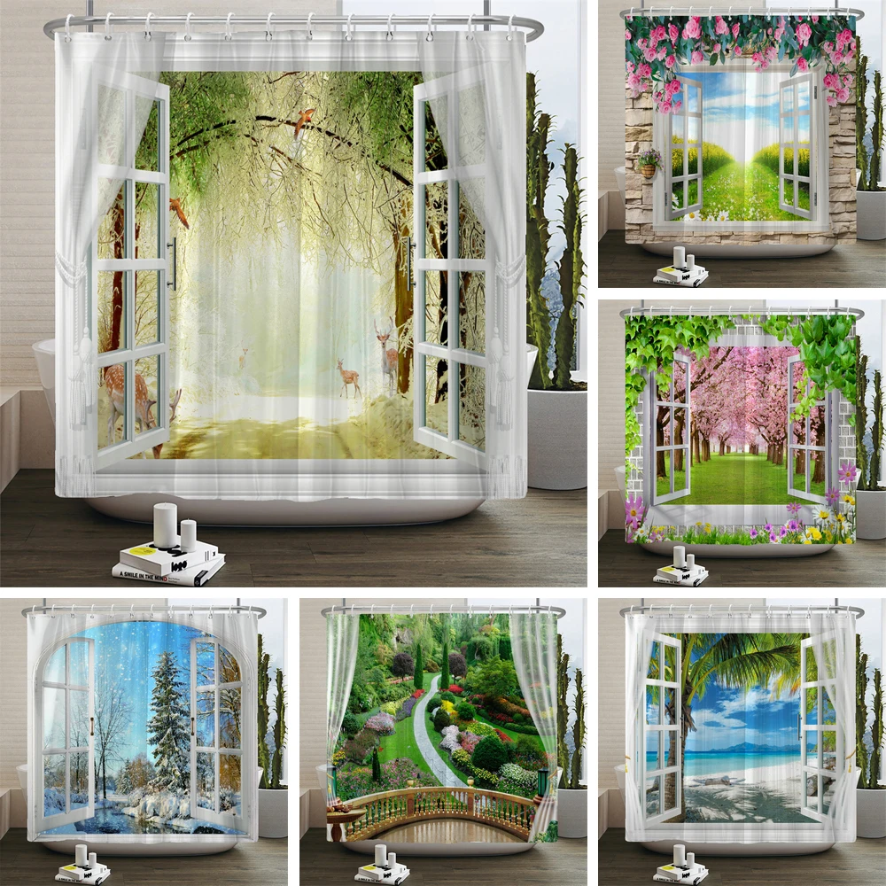 

Natural Scenery outside the window Shower Curtain Forest Garden Landscape Bathtub Decor Waterproof Polyester Bathroom Curtains
