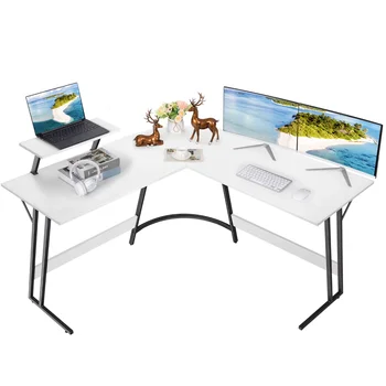 Vineego L-Shaped Computer Desk Modern Corner Desk with Small Table,White 1