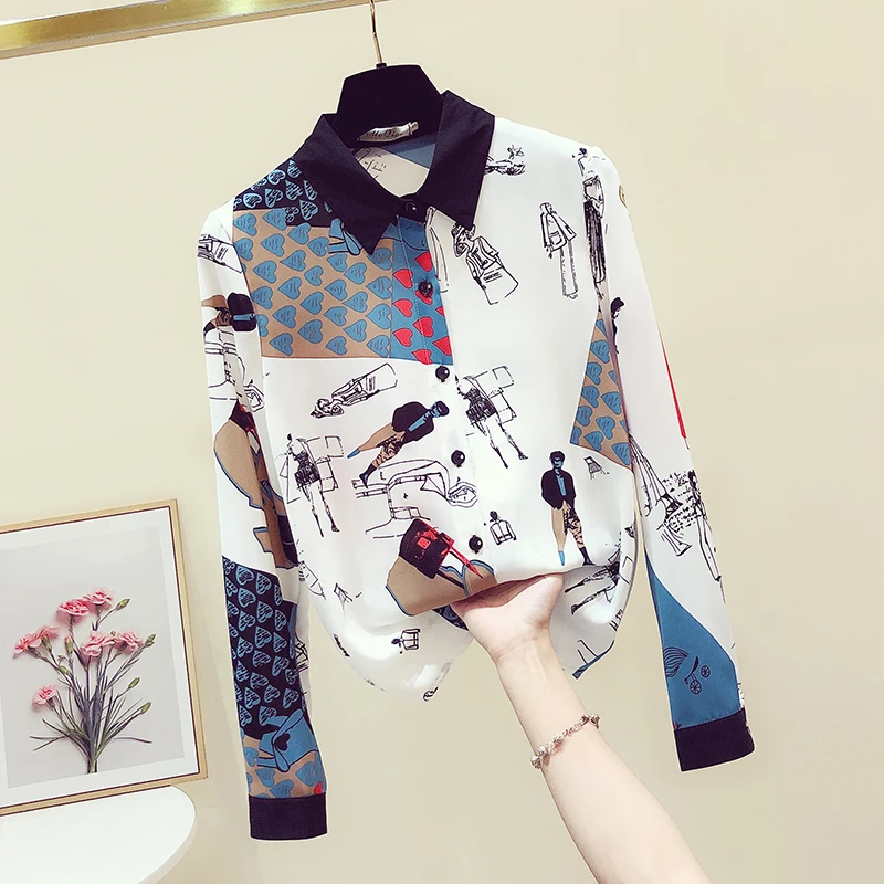 

Женская одежда на весну и осень, шифоновая рубашка контрастных цветов с длинным рукавом и принтом в стиле ретро, рубашки