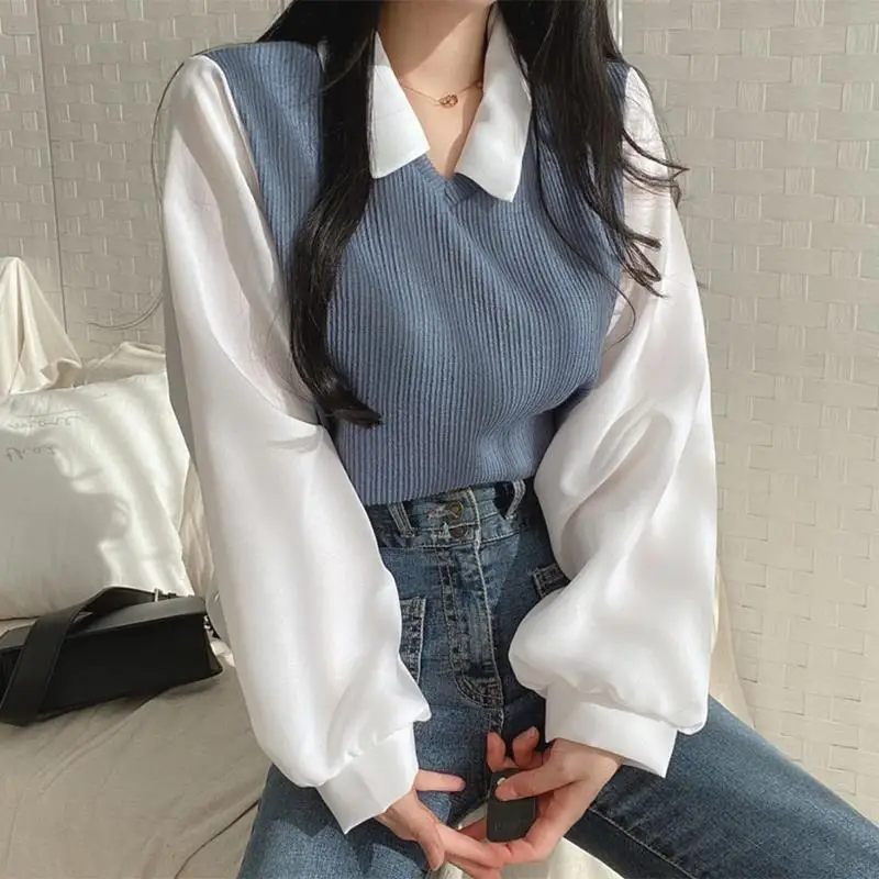 

Spring Fashion Women's Casual Spliced Collar T-Shirts Pullover Loose Tees Top Fake Two Piece Suit All-Match Cute Student Gentle