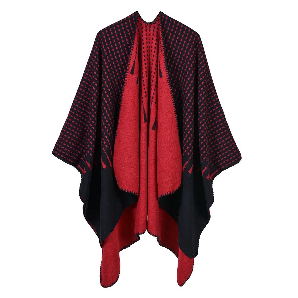 European American Street Women's Simple Tassel Pattern Jacquard Split Two Sides Versatile Fashion Cashmere Shawl Cape Poncho P2