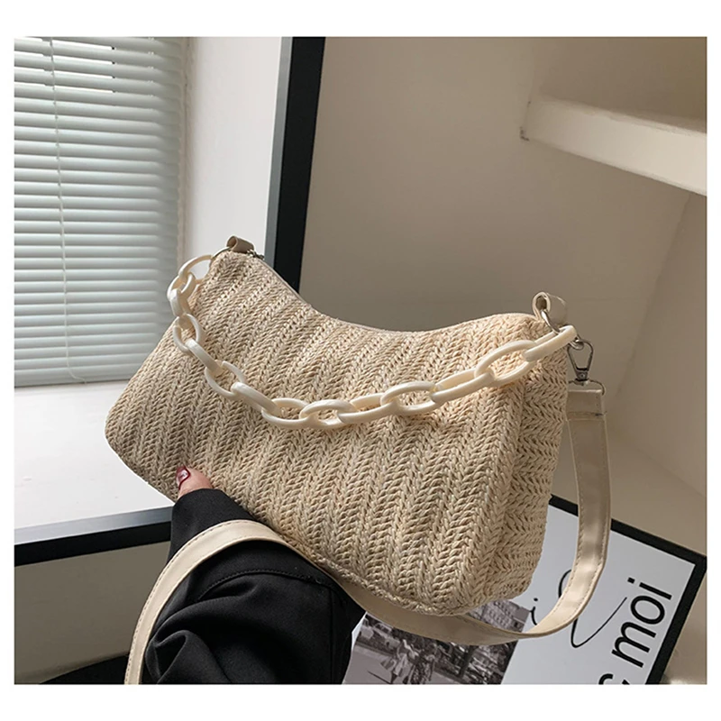 

Fashion Women Straw Woven Shoulder Crossbody Messenger Bag Casual Ladies Summer Beach Vacation Chain Small Handbags Purse