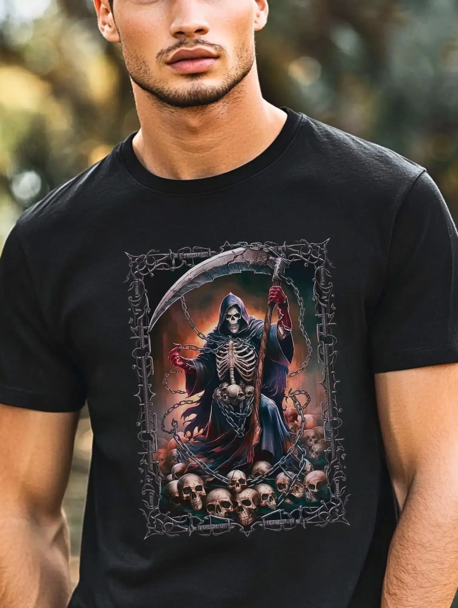 Фото Футболка Grim Reaper в готическом стиле, одежда в стиле Санта-Муэрте, символ Дня мертвых, для него или для нее №1