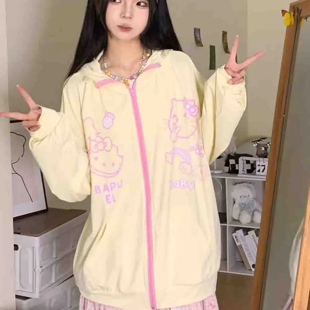 Фото Женская летняя солнцезащитная толстовка с капюшоном в стиле аниме Sanrio Hello Kitties, милый мультяшный принт, свободный крой, прохладная ткань, стильная куртка для девушек №4