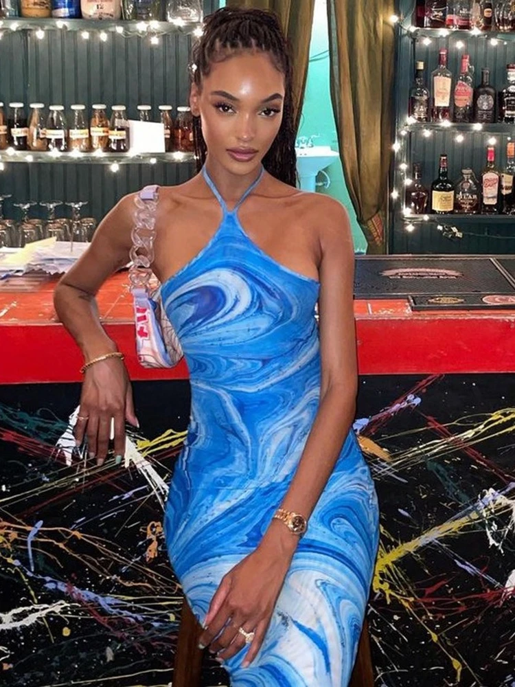 

Sexy Backless Print Dress Boho Halter Sleeveless Maxi Dress Summer Women Fashion Split Club Party Dress Birthday Outfits Blue