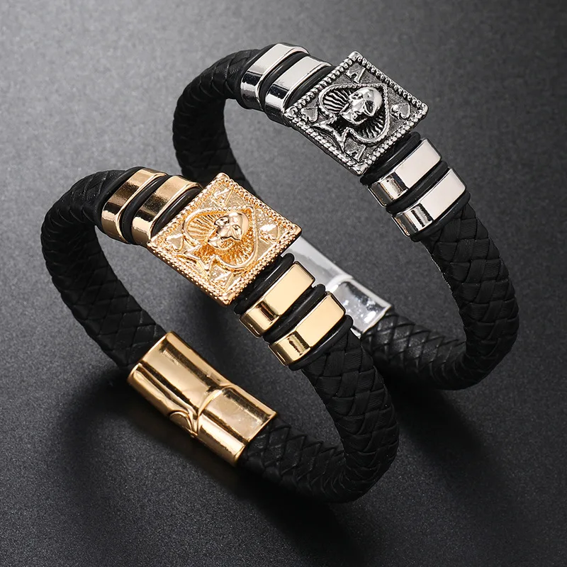 

Vintage Leather Rope Bracelet For Men Stainless Steel Genuine Leather Skeleton Head Woven Bracelet Personalized and Versatile