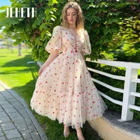 jeheth cherry dotted tulle prom dresses deep v neck half puff sleeves a line ankle length formal evening gowns robe de mariee