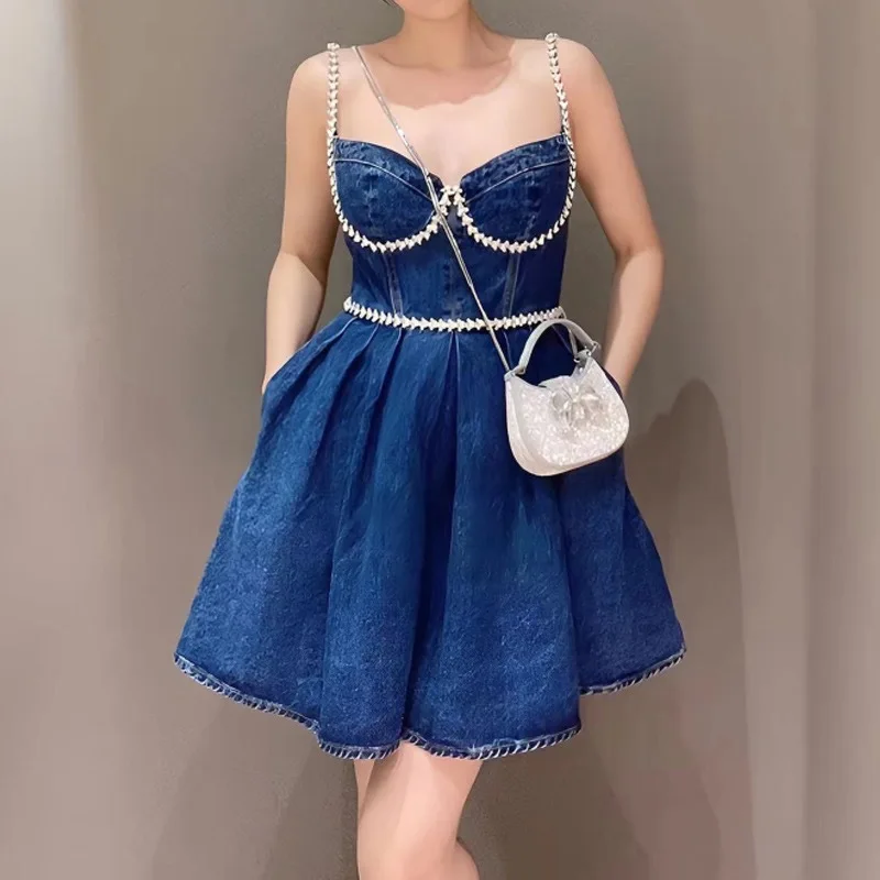 

Summer Women's Denim Strap Mini Dress 2023 New Designer Fashion Luxury Crystal A Line Party Night Dresses Sexy Form Robe Q281