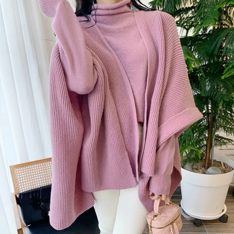 

Clothland Women Elegant Knitting Suit Turtleneck Long Sleeve Thin Sweater Open Stitch Cardigan Two Piece Set HA359