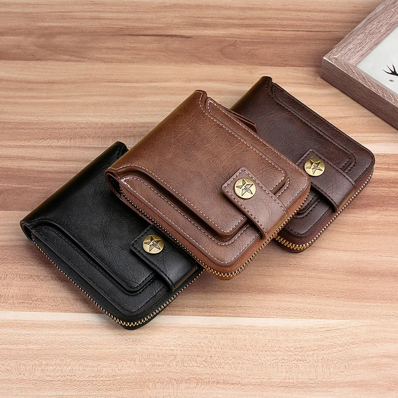 Men's Short Wallet European and American Retro Wallet Horizontal Zipper Buckle Bag Card Holder Men Purse Buckle Coin Wallet