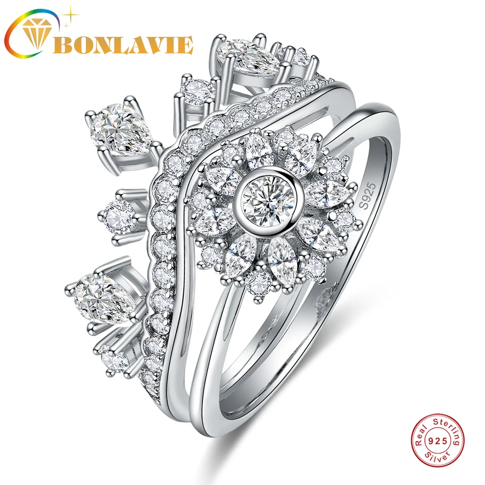 

BONLAVIE Wedding Ring Pair Ring Set 5A Cubic Flower Zircon Crown Ring for Women 925 Silver Jewelry Crystal Rings