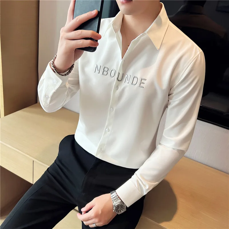 2022 Autumn Letter Embroidery Shirts Men Long Sleeve Slim Casual Shirt Social Party Tuxedo Blouse Streetwear Camisa Masculina