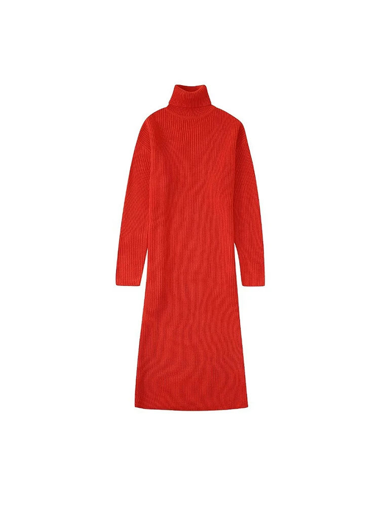 

Women's autumn 2022 new casual fashion chic high neck knitting long dress vintage long sleeve slim solid color skirt
