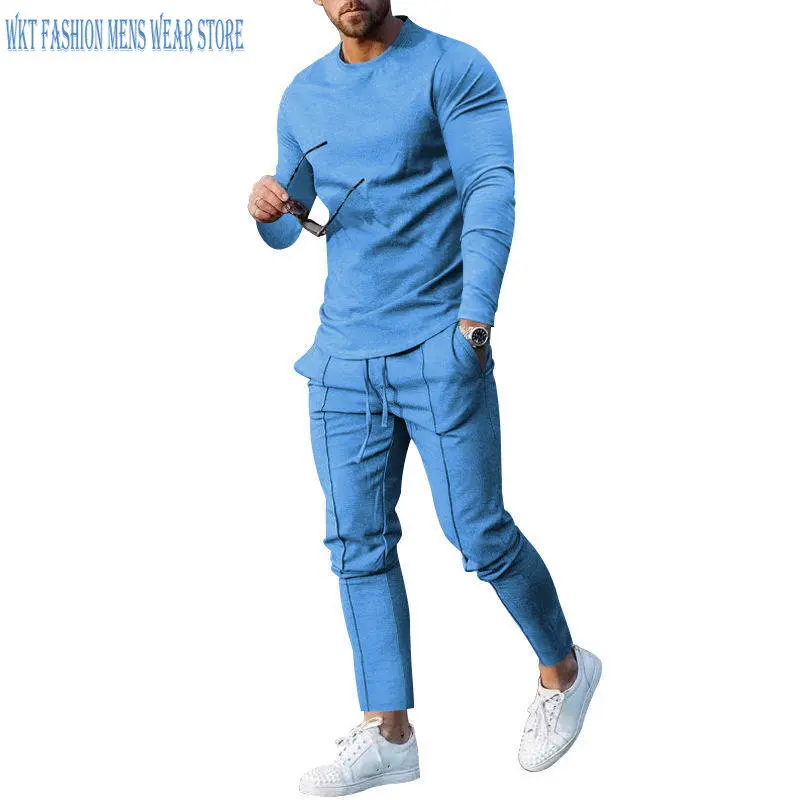 Men's Suits 2022 Spring and Autumn Daily Solid Two-Piece Round Neck Long Sleeve T-shirt Trousers Casual Men Clothing Polyester