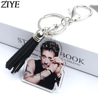 johnny hallyday acrylic tassel keychain french singer rock star figure key chain keyring keys bags accessories women men jewelry